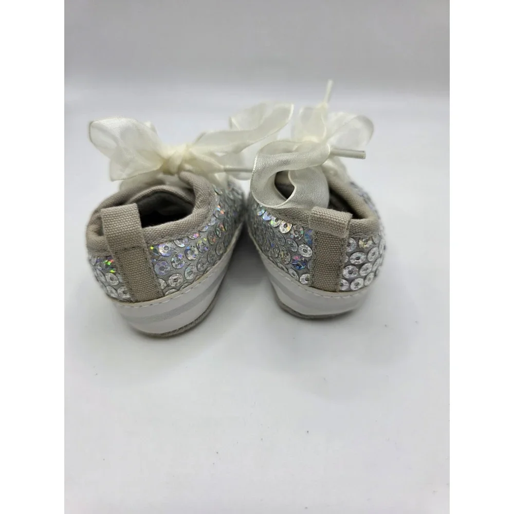 Stepping Stones Girls Silver White Sequins Shoes Ribbon Laces 3-6 Mon